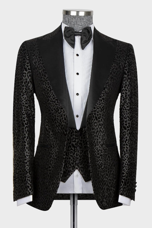 Heather Classical Black Jacquard Peaked Lapel Three Pieces Prom Suits