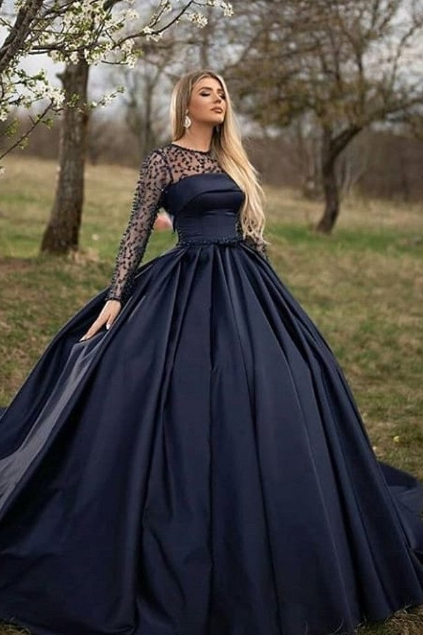 Black Long A-line Bateau Satin Prom Dress with Sleeves-BIZTUNNEL