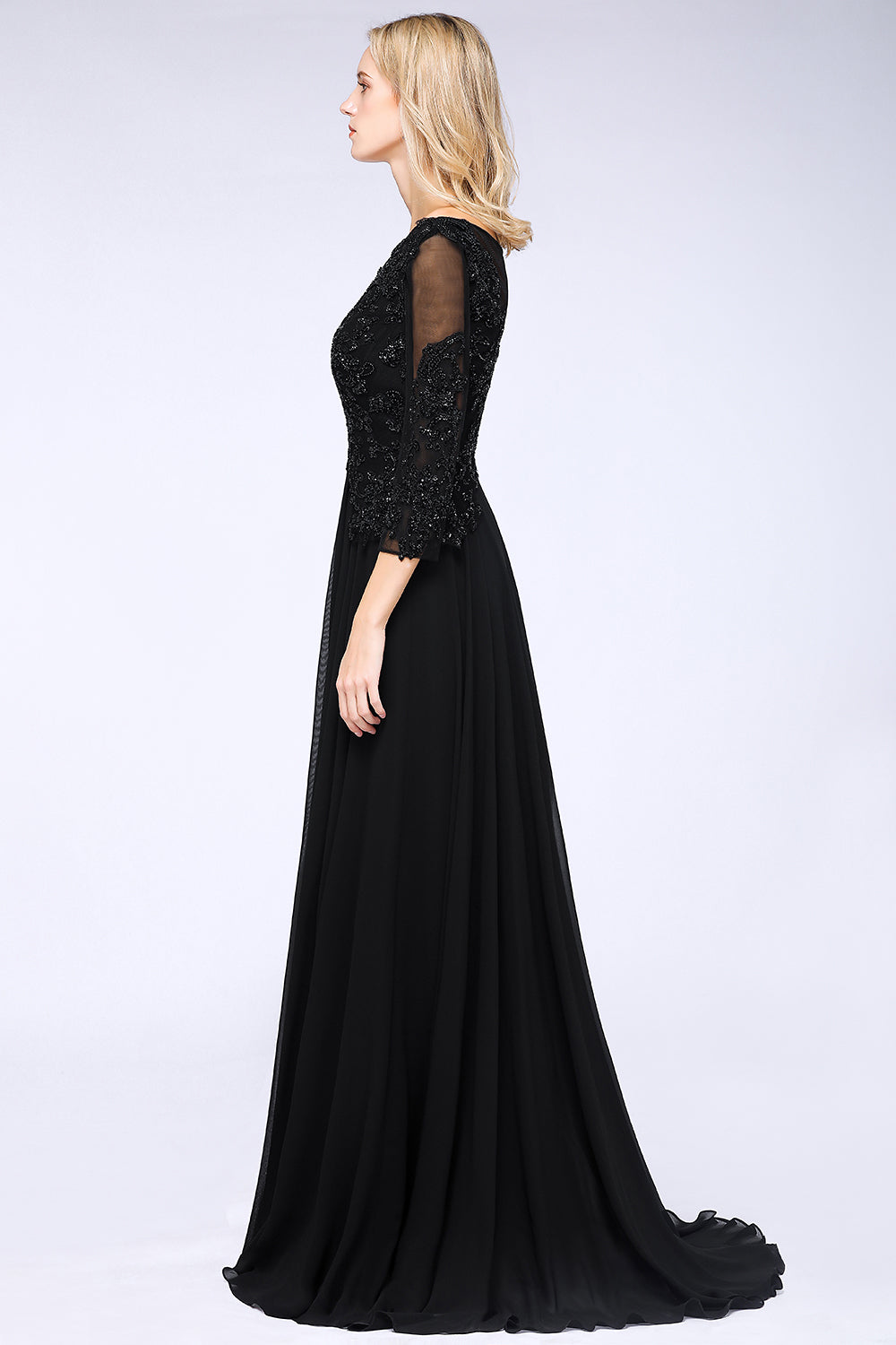 Black Long A-line Chiffon Beads Appliques Bridesmaid Dress with Sleeves-BIZTUNNEL