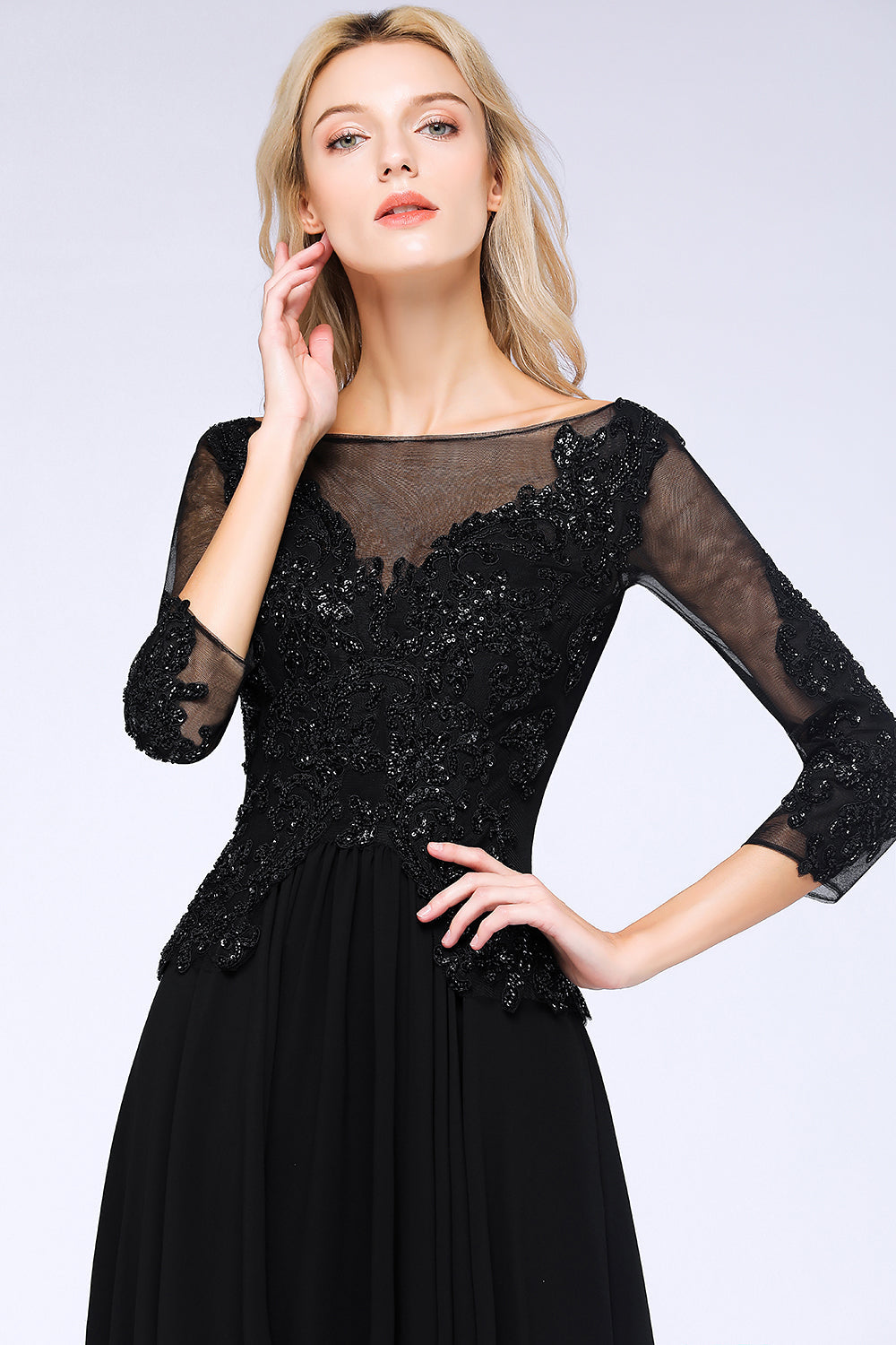 Black Long A-line Chiffon Beads Appliques Bridesmaid Dress with Sleeves-BIZTUNNEL