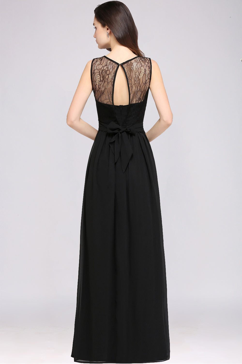 Black Long A-Line Chiffon Lace Jewel Sleeveless Bridesmaid Dresses-BIZTUNNEL