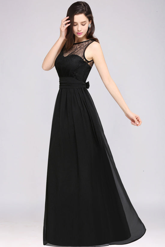 Black Long A-Line Chiffon Lace Jewel Sleeveless Bridesmaid Dresses-BIZTUNNEL