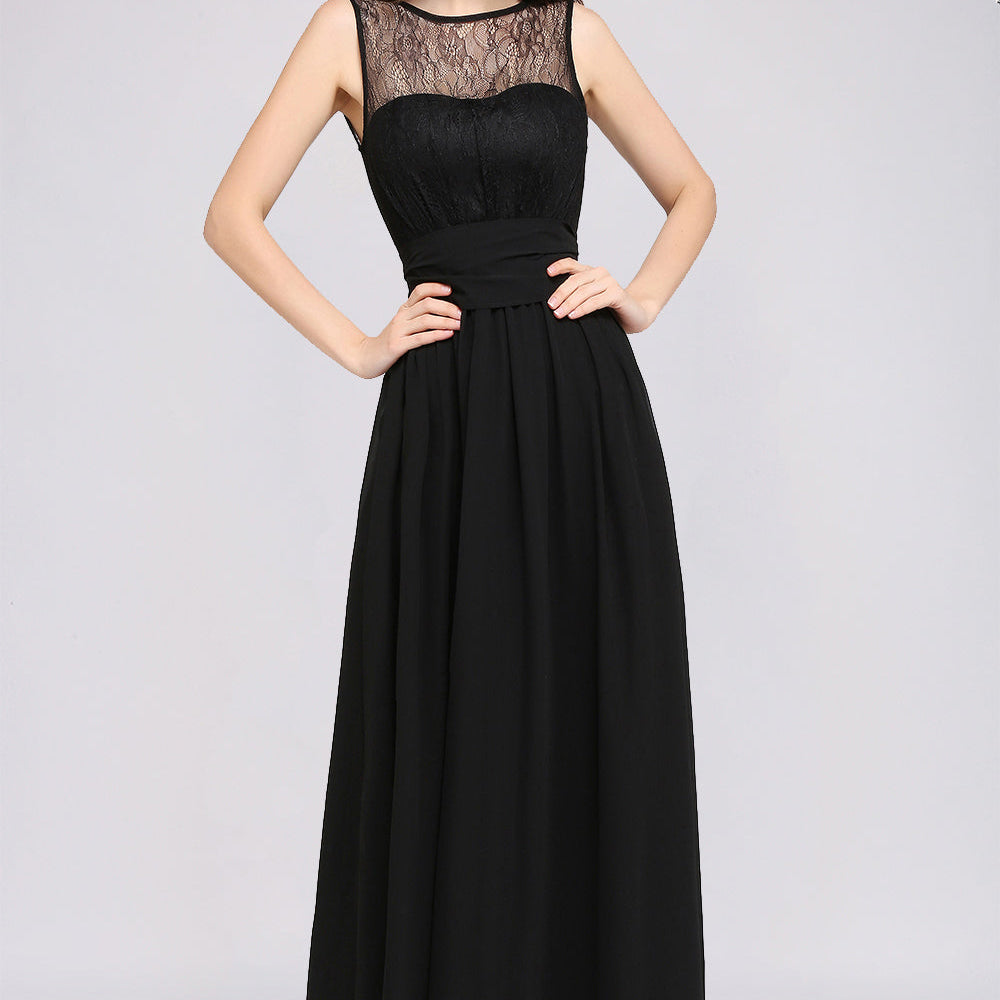 Black Long A-Line Chiffon Lace Jewel Sleeveless Bridesmaid Dresses Black Long A-Line Chiffon Lace Jewel Sleeveless Bridesmaid Dresses