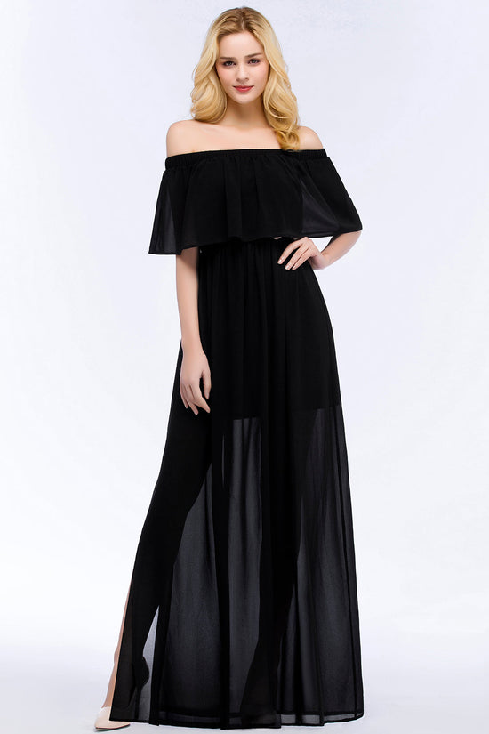 Black Long A-Line Chiffon Off-the-Shoulder Bridesmaid Dresses with Slit-BIZTUNNEL