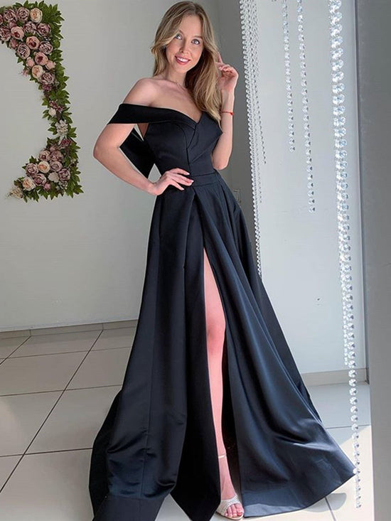 Black Long A-line Off the Shoulder Satin Formal Graduation Prom Dresses with Slit-BIZTUNNEL