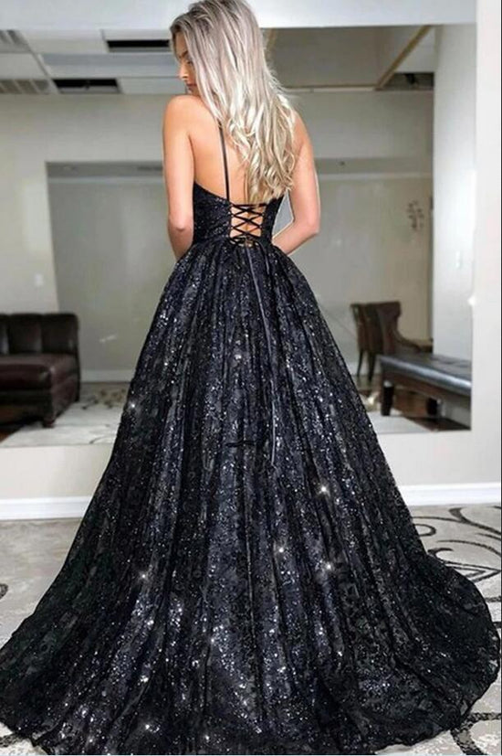 Black Long A-line Sweetheart Open Back Glitter Prom Dress-BIZTUNNEL