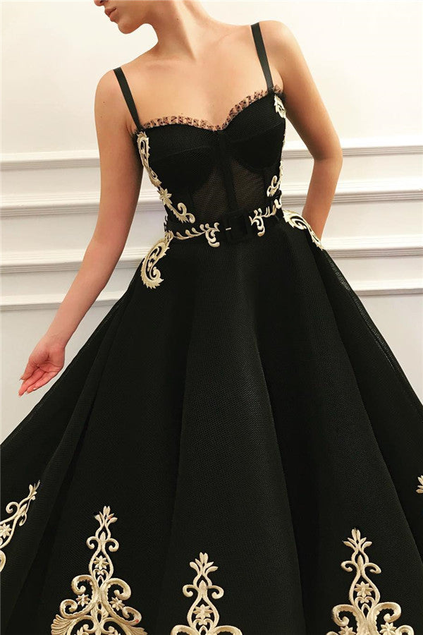 Black Long A-line Sweetheart Tulle Black Prom Dress with Pockets-BIZTUNNEL