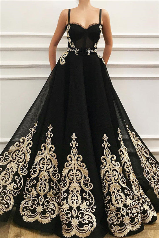 Charger l&amp;#39;image dans la galerie, Black Long A-line Sweetheart Tulle Black Prom Dress with Pockets-BIZTUNNEL
