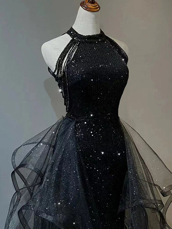 Black Long Mermaid Halter Sequined Tulle Formal Prom Dresses-BIZTUNNEL