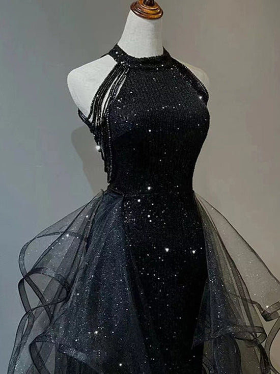 Cargar imagen en el visor de la Galería, Black Long Mermaid Halter Sequined Tulle Formal Prom Dresses-BIZTUNNEL
