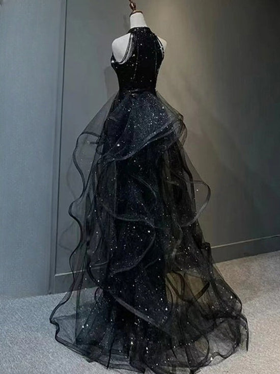 Cargar imagen en el visor de la Galería, Black Long Mermaid Halter Sequined Tulle Formal Prom Dresses-BIZTUNNEL

