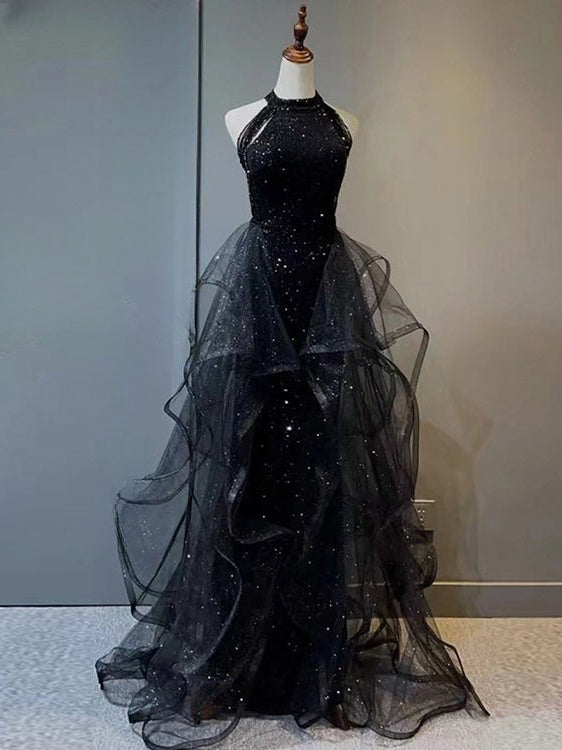 Black Long Mermaid Halter Sequined Tulle Formal Prom Dresses-BIZTUNNEL