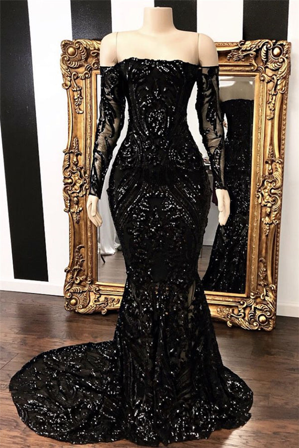 Black Long Mermaid Off the shoulder Prom Dresses with Sleeves – BIZTUNNEL