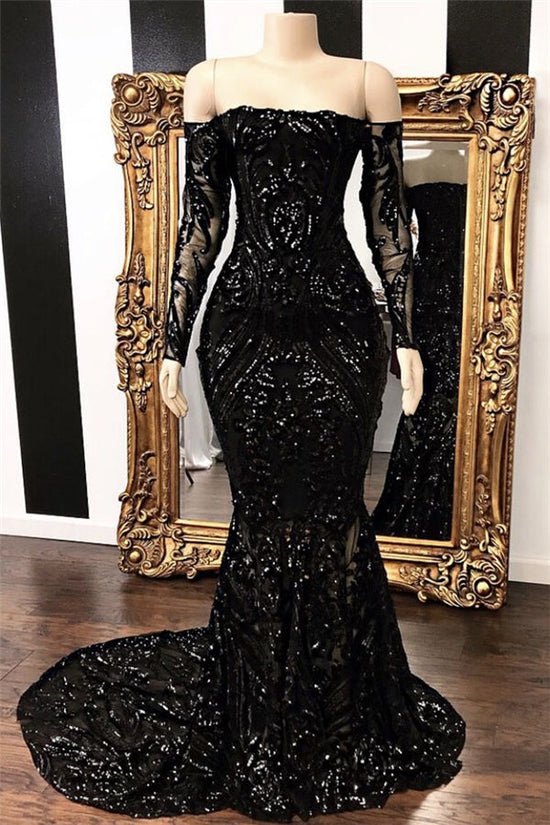 Black Long Mermaid Off the shoulder Prom Dresses with Sleeves-BIZTUNNEL