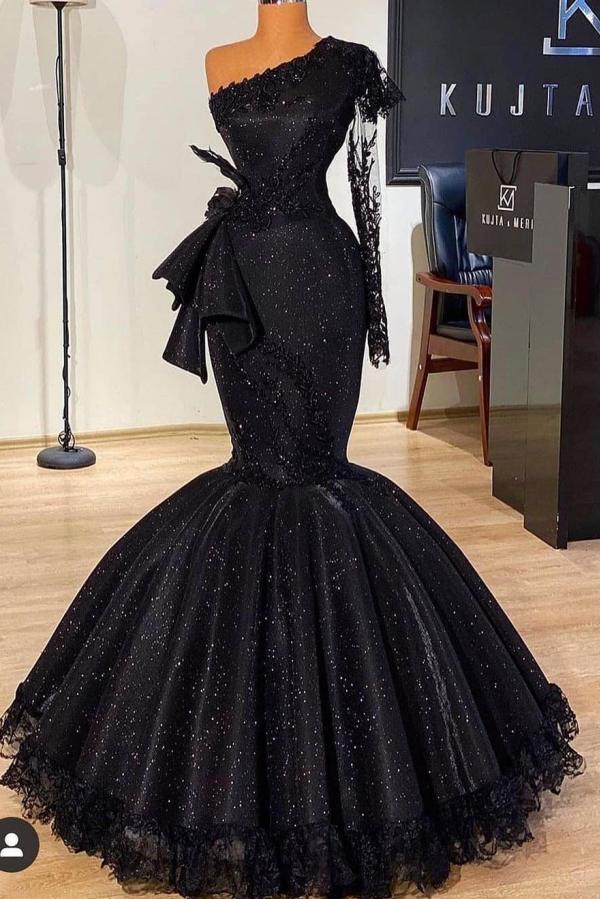 Black Long Mermaid One Shoulder Sequins Prom Dress with Sleeves-BIZTUNNEL