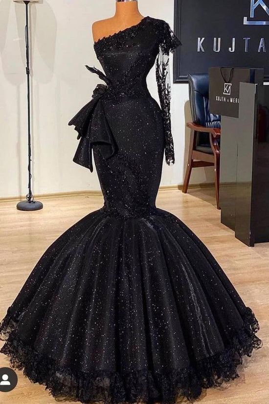 Black Long Mermaid One Shoulder Sequins Prom Dress with Sleeves-BIZTUNNEL