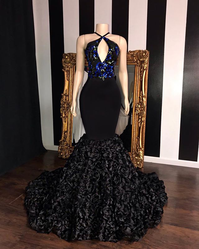 Black Long Mermaid Prom Dresses Elegant Halter Sequins Evening Gowns-BIZTUNNEL