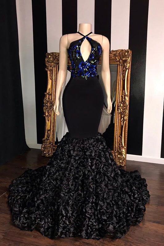Black Long Mermaid Prom Dresses Elegant Halter Sequins Evening Gowns-BIZTUNNEL