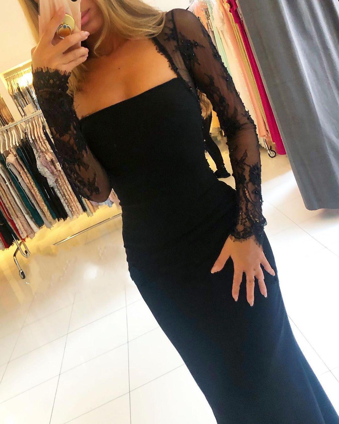 Black Long Mermaid Square Neckline Backless Prom Dress with Sleeves-BIZTUNNEL