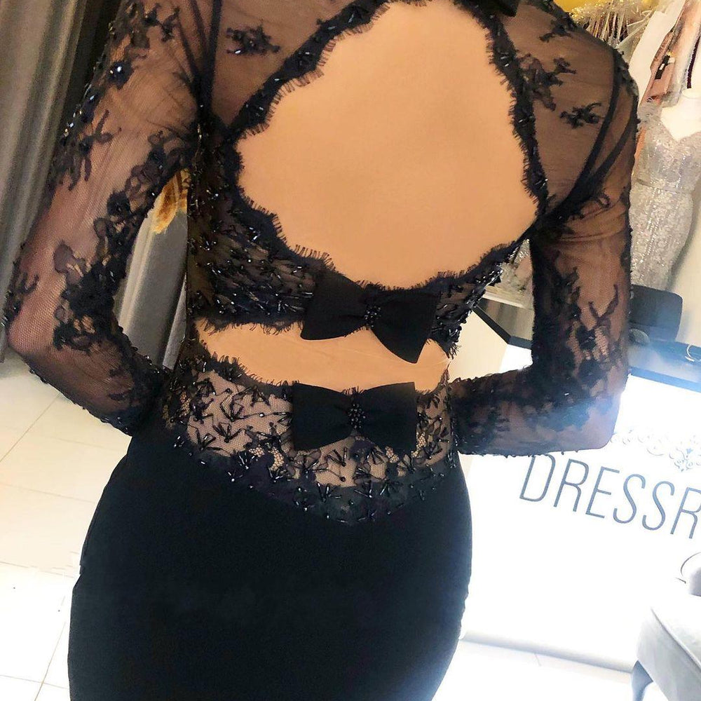 Black Long Mermaid Square Neckline Backless Prom Dress with Sleeves BIZTUNNEL Black Long Mermaid Square Neckline Backless Prom Dress with Sleeves BIZTUNNEL