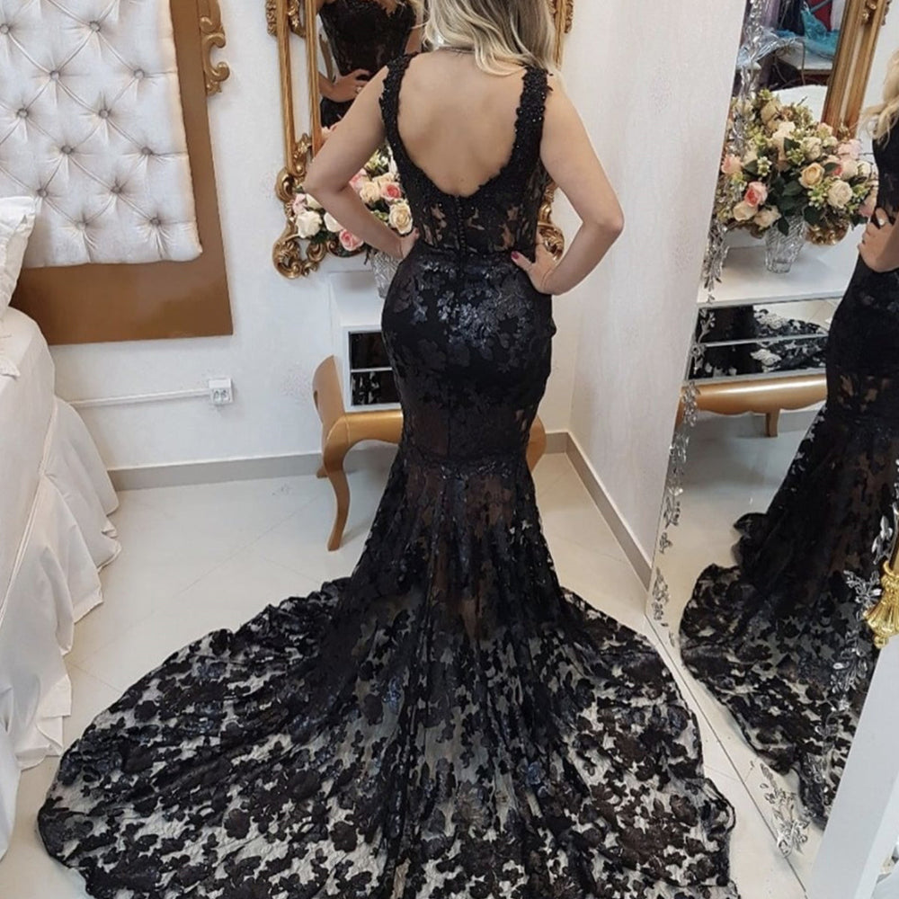 
                  
                    Black Long Mermaid Sweetheart Lace Formal Evening Prom Dresses-BIZTUNNEL
                  
                