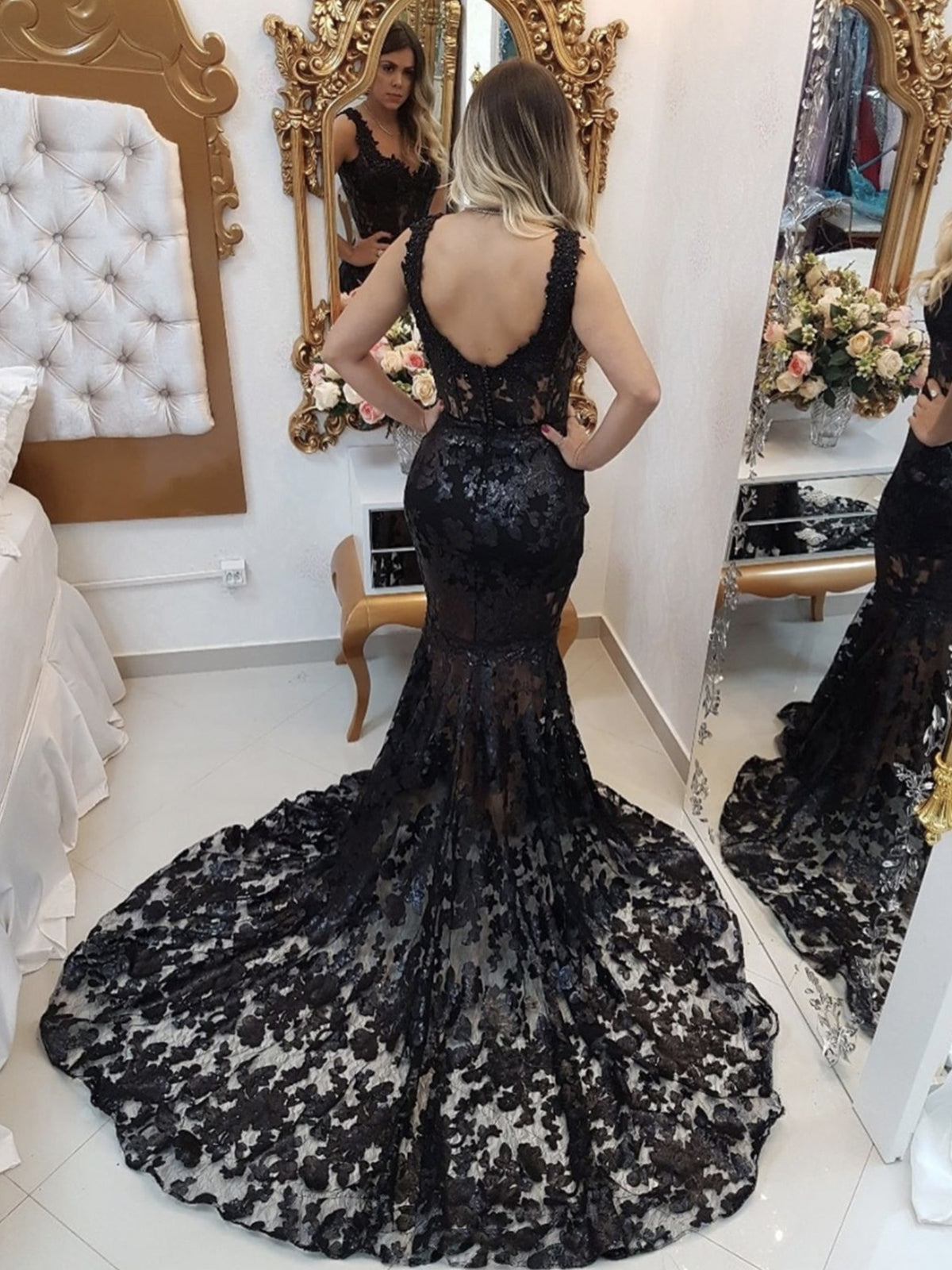 Black Long Mermaid Sweetheart Lace Formal Evening Prom Dresses-BIZTUNNEL