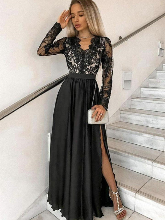 Black Long Sleeves A-line V Neck Satin Lace Formal Prom Dresses with High Slit-BIZTUNNEL