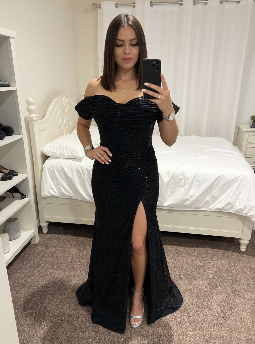Long Off-the-Shoulder Mermaid Sequined Black Evening Dresses with Slit