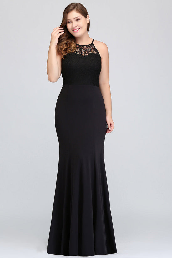 Black Plus Size Long Halter Ruffles Mermaid Bridesmaid Dress-BIZTUNNEL
