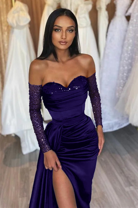 Black Long Off the Shoulder Satin Front Slit Prom Dress with Sleeves Black Long Off the Shoulder Satin Front Slit Prom Dress with Sleeves