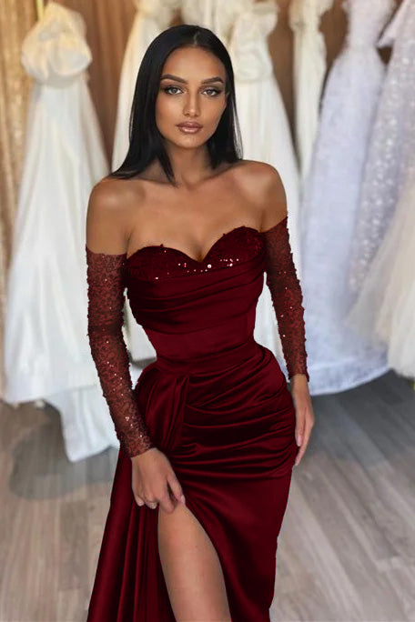Black Long Off the Shoulder Satin Front Slit Prom Dress with Sleeves Black Long Off the Shoulder Satin Front Slit Prom Dress with Sleeves
