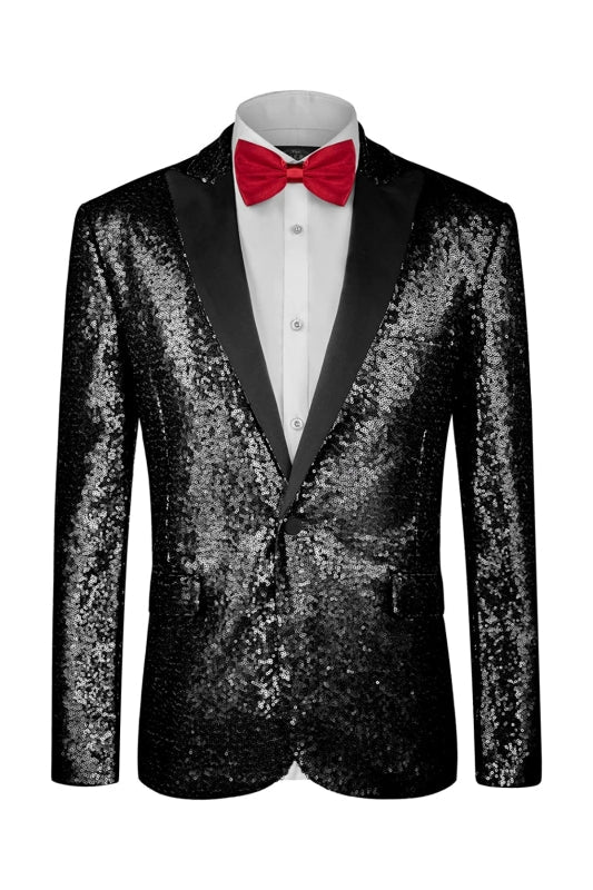 Elroy Fancy Black Sequins Peaked Lapel Two Pieces Men Suits For Prom