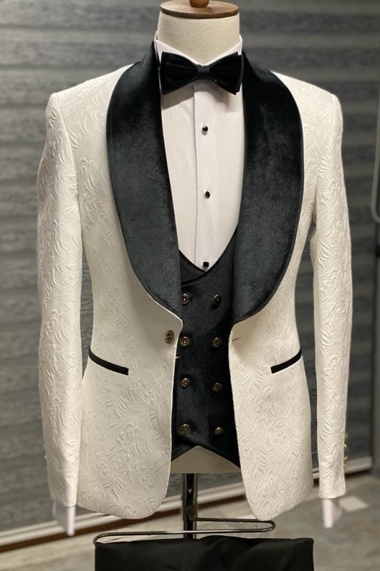 Bard Stylish Black Shawl Lapel Three Pieces Jacquard Wedding Suits