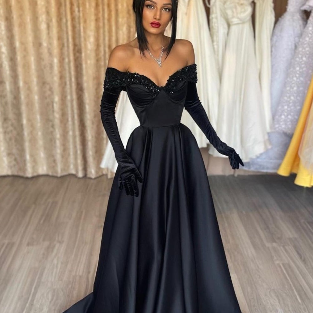 black strapless a line dress Black Strapless Off the Shoulder A-Line Long Satin Evening Dress with –  BIZTUNNEL