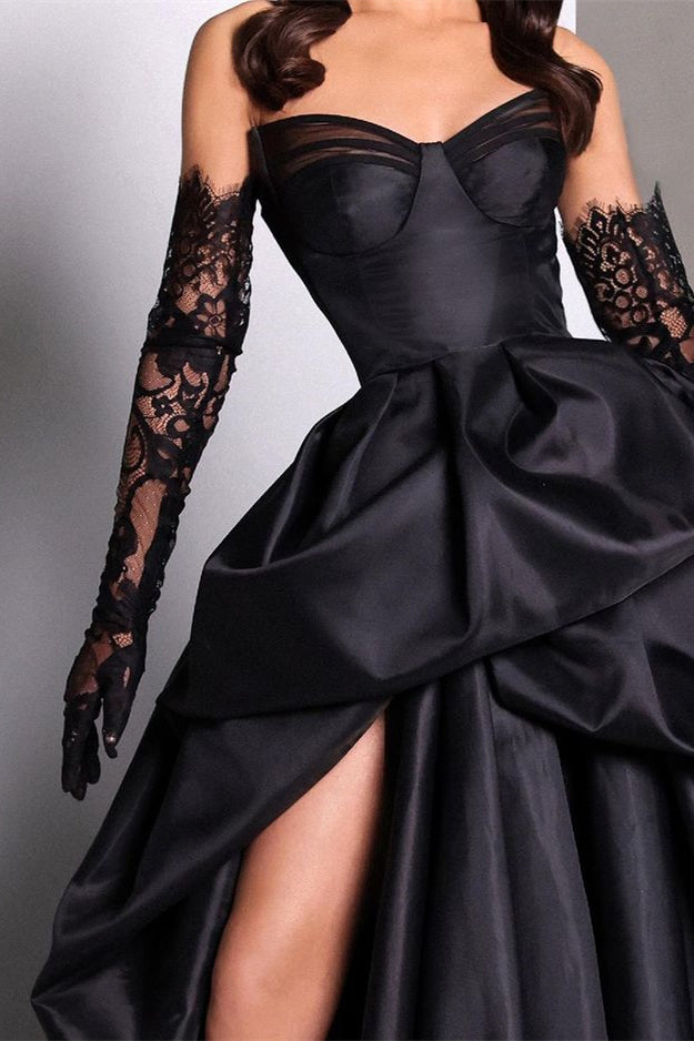Black A-line Sweetheart Taffeta Slit Evening Dress with Long Lace Gloves Black A-line Sweetheart Taffeta Slit Evening Dress with Long Lace Gloves