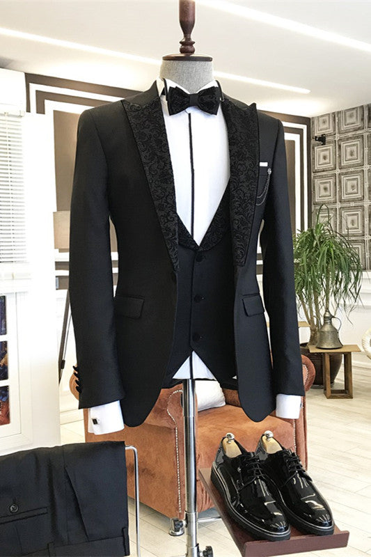 Cyril Modern Black Three Pieces Prom Suits With Jacquard Peaked Lapel
