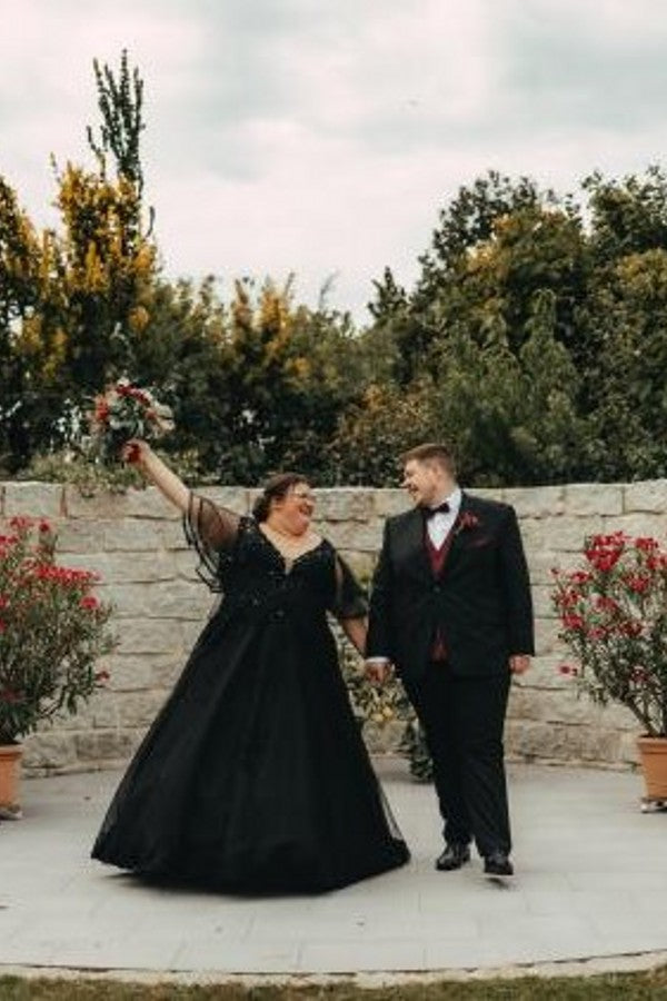 Biztunnel Black V-neck Half Sleeves Plus Size A-line Wedding Dresses