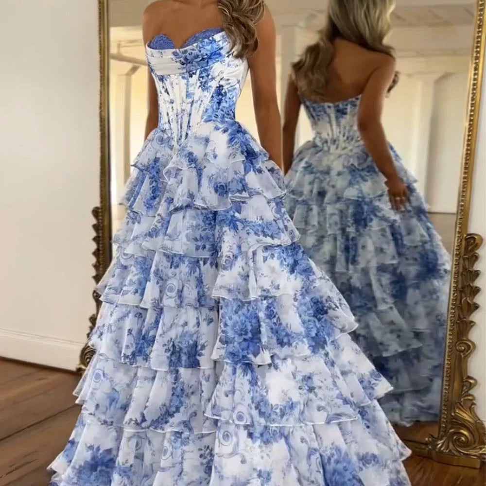 
                  
                    Biztunnel  White and blue floral strapless prom dress - full length view
                  
                