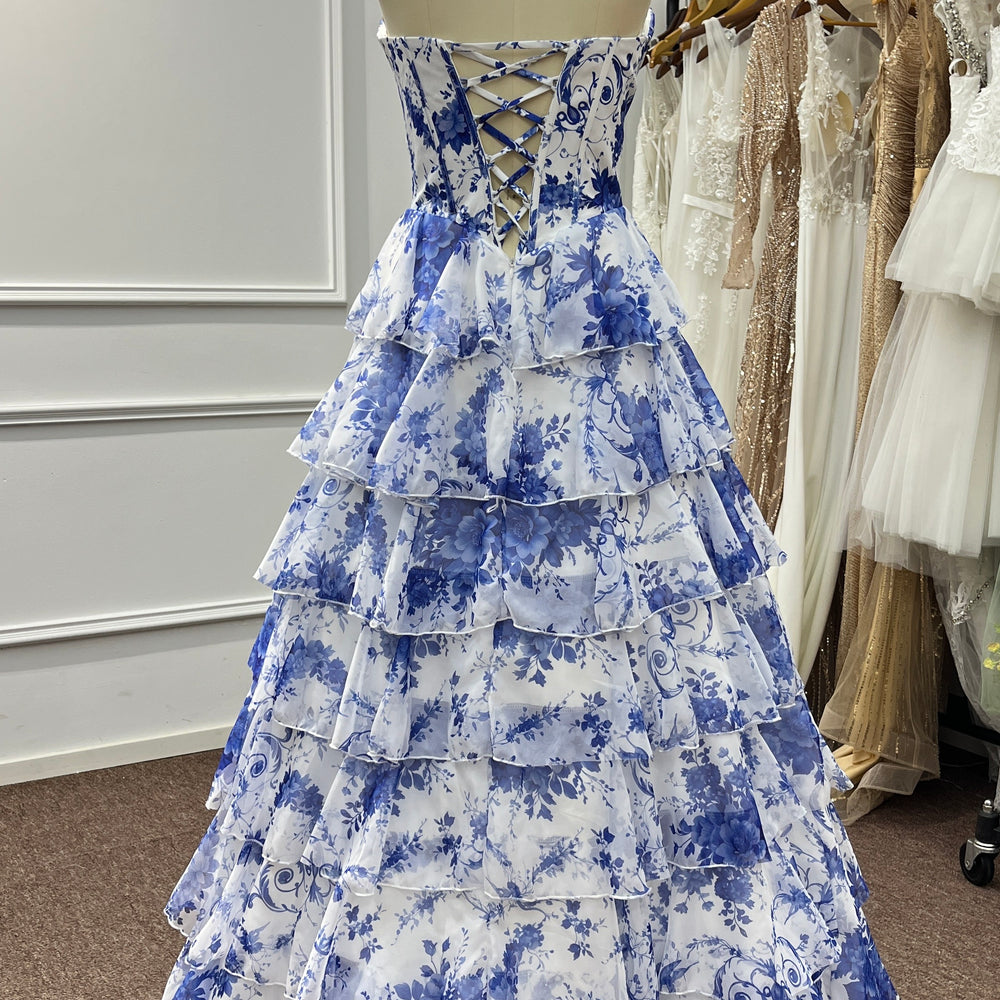 
                  
                    Biztunnel Blue Corset Strapless Silk Chiffon Floral Prom Dress
                  
                