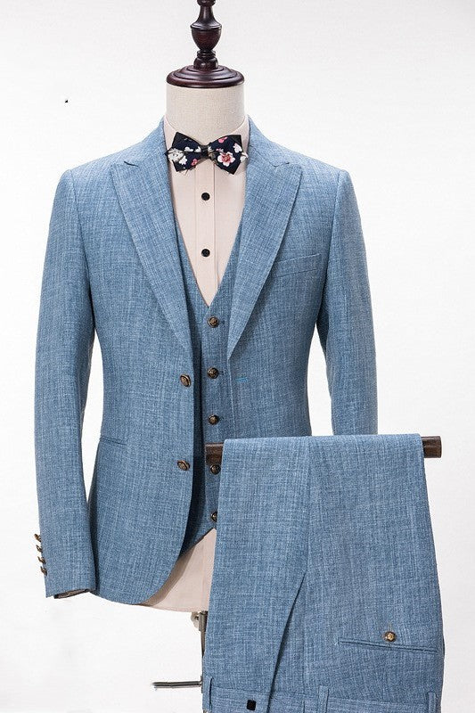 New Arrival Blue Linen Three Pieces Notched Lapel Prom Suit