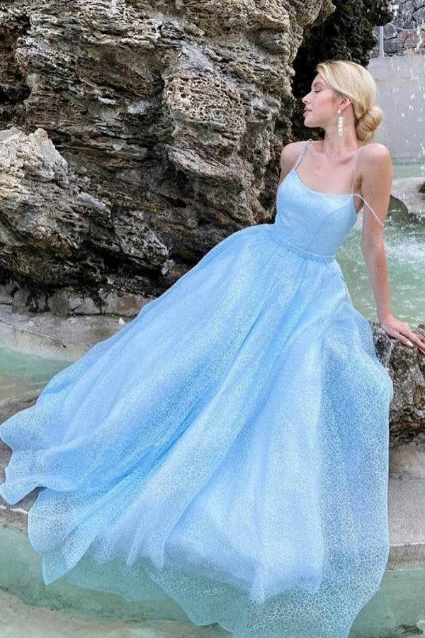 Blue Long A-line Backless Tulle Sequins Backless Prom Dress-BIZTUNNEL