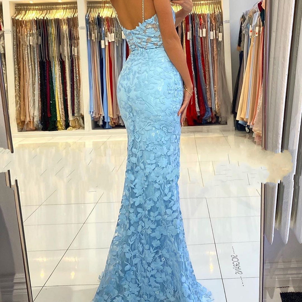 Blue Long V-neck Open Back Lace Mermaid Prom Dress with slit BIZTUNNEL Blue Long V-neck Open Back Lace Mermaid Prom Dress with slit BIZTUNNEL