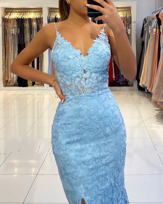 Blue Long V-neck Open Back Lace Mermaid Prom Dress with slit-BIZTUNNEL