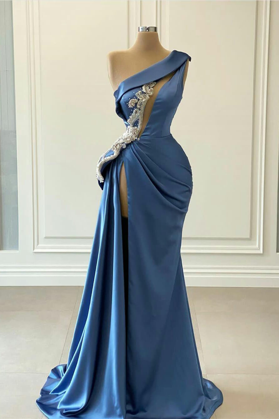 Blue One Shoulder Mermaid Prom Dress with Beaded