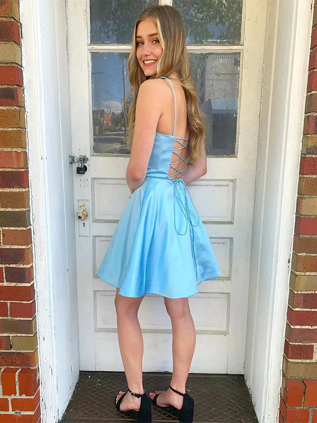 Blue Short A-line Strapless Open Back Prom Homecoming Dresses-BIZTUNNEL