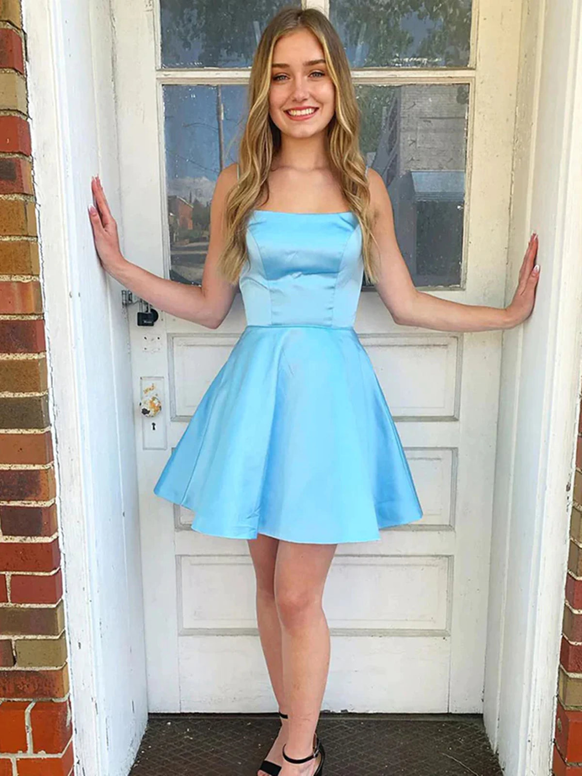 Blue Short A-line Strapless Open Back Prom Homecoming Dresses-BIZTUNNEL