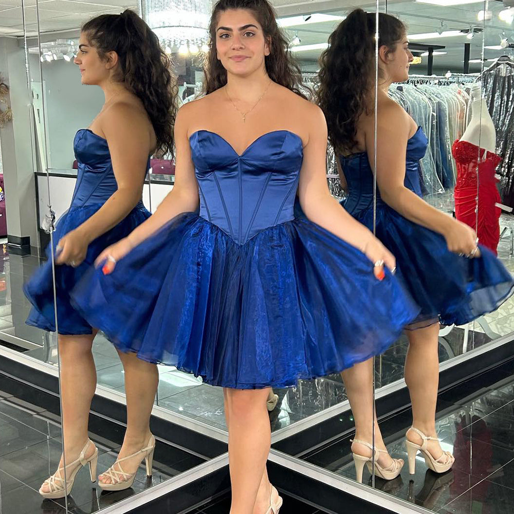  Blue Strapless Corset A Line Short Homecoming Dress