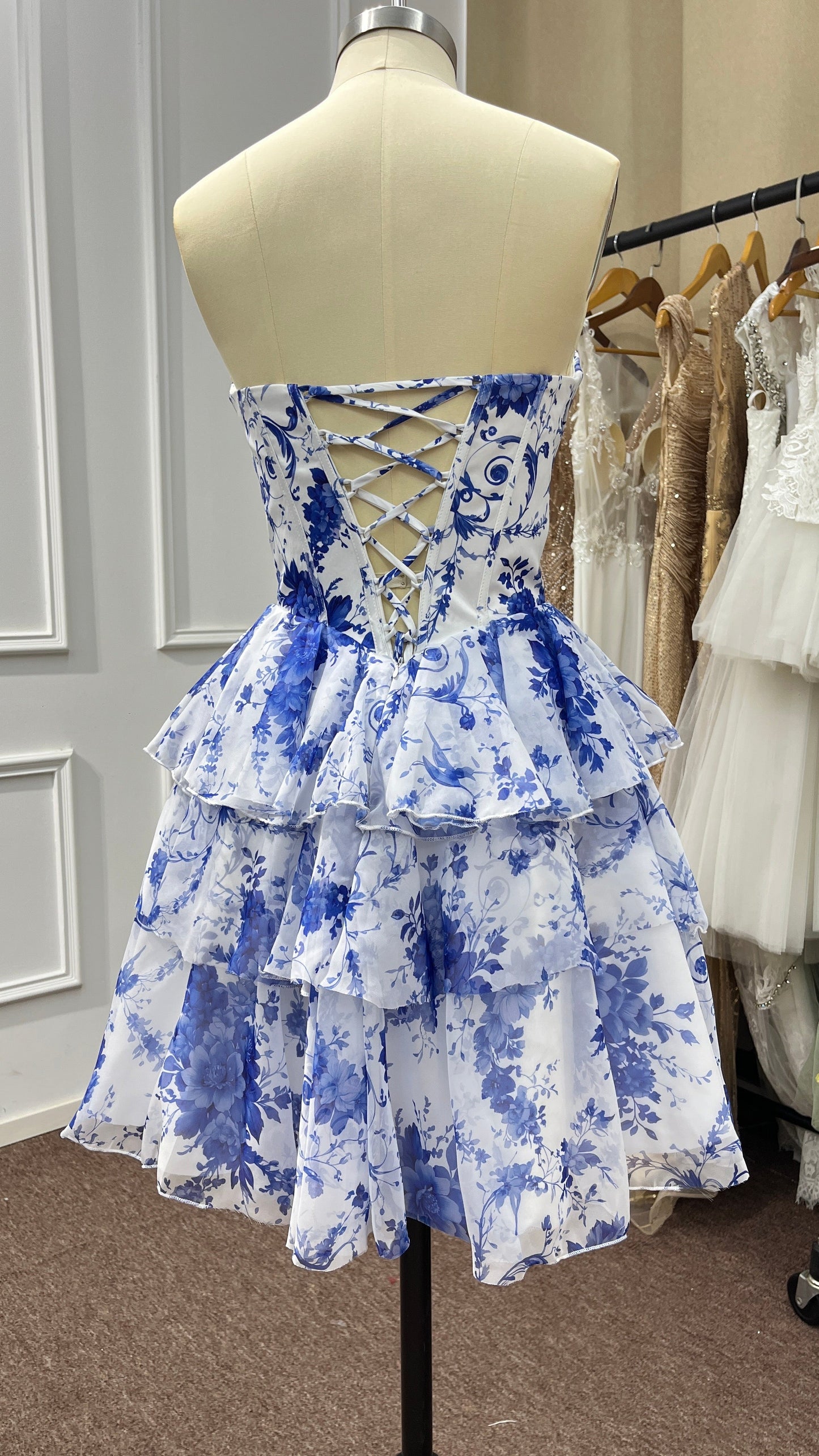 Blue Strapless Short Floral Corset Homecoming Dresses