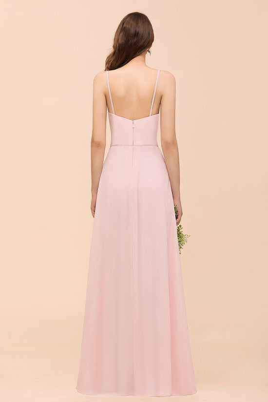 Blushing Pink Long A-line V-neck Spaghetti Straps Chiffon Bridesmaid Dress-BIZTUNNEL