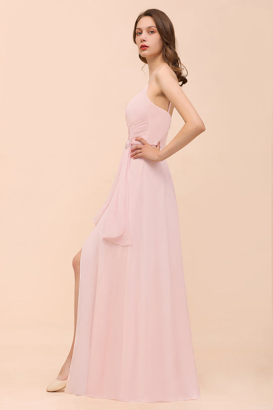 Blushing Pink Long A-line V-neck Spaghetti Straps Chiffon Bridesmaid Dress-BIZTUNNEL